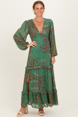 Green Floral Chiffon V-Neck Long Sleeve Maternity Maxi Dress