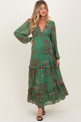 Green Floral Chiffon V-Neck Long Sleeve Maternity Maxi Dress