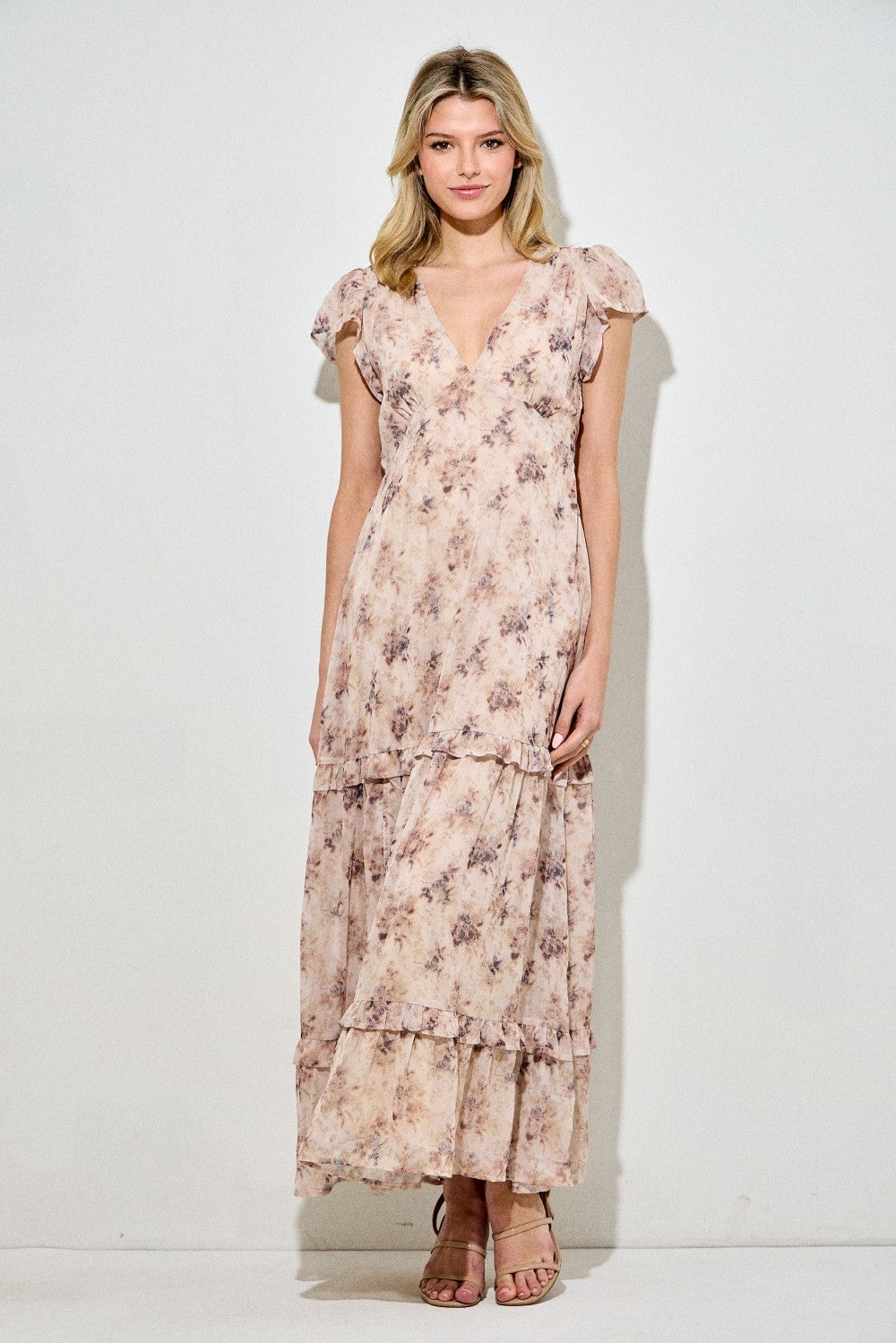 Peach Abstract Print Ruffle Trim Maxi Dress