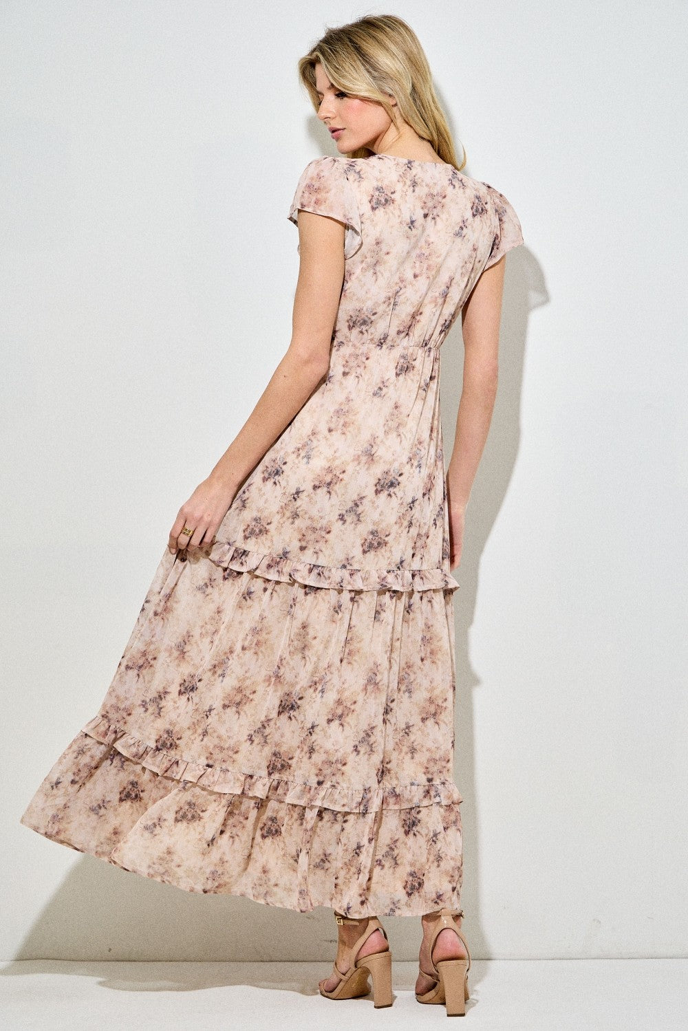 Peach Abstract Print Ruffle Trim Maxi Dress