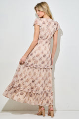 Peach Abstract Print Ruffle Trim Maxi Dress