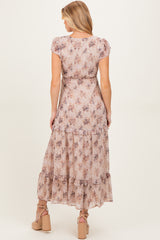 Peach Abstract Print Ruffle Trim Maternity Maxi Dress