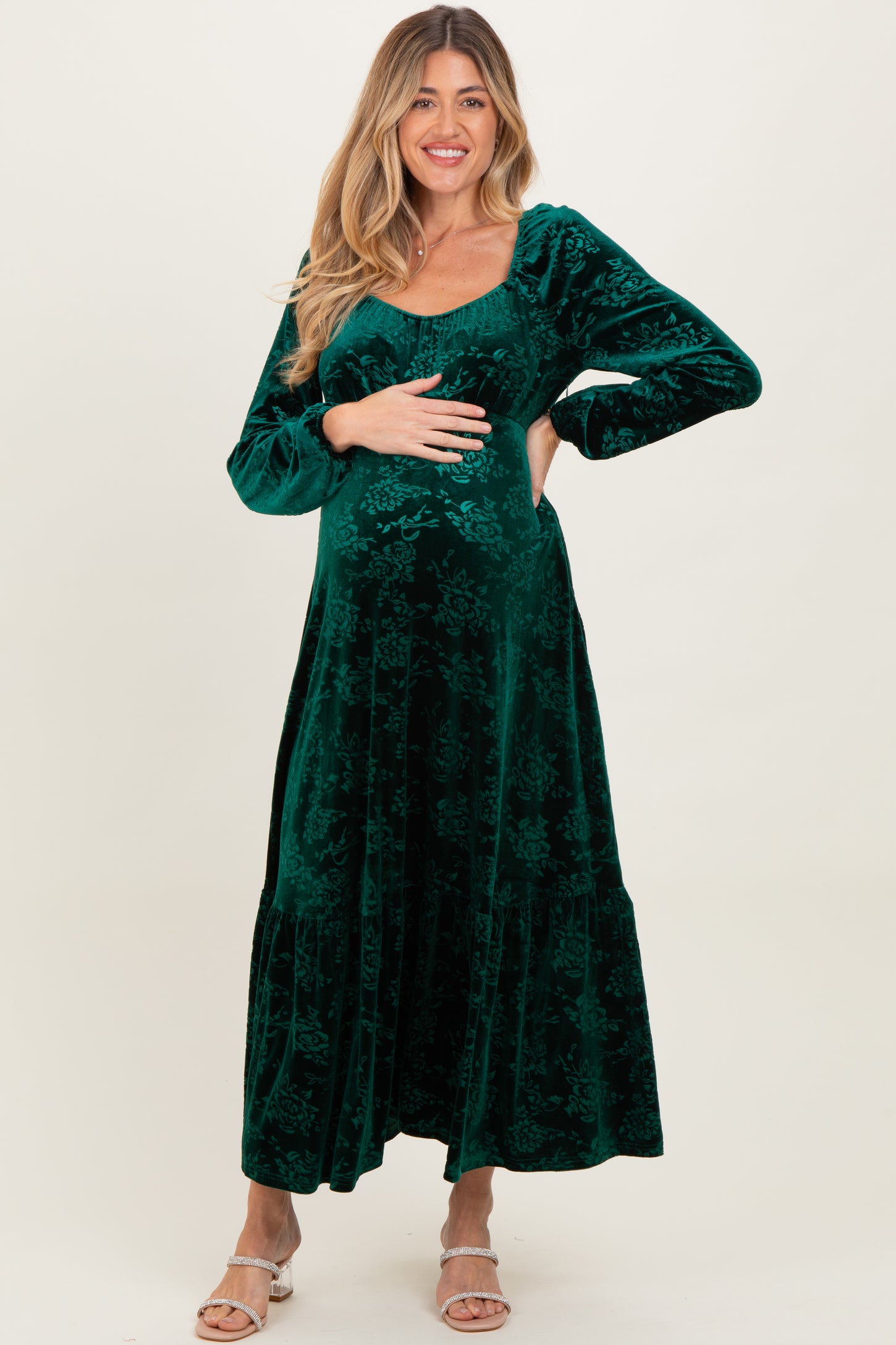 Emerald Green Velvet Jacquard Floral Maternity Maxi Dress
