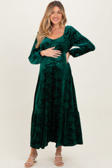 Emerald Green Velvet Jacquard Floral Maternity Maxi Dress