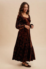 Brown Velvet Jacquard Floral Maxi Dress