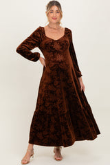 Brown Velvet Jacquard Floral Maternity Maxi Dress