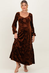 Brown Velvet Jacquard Floral Maternity Maxi Dress