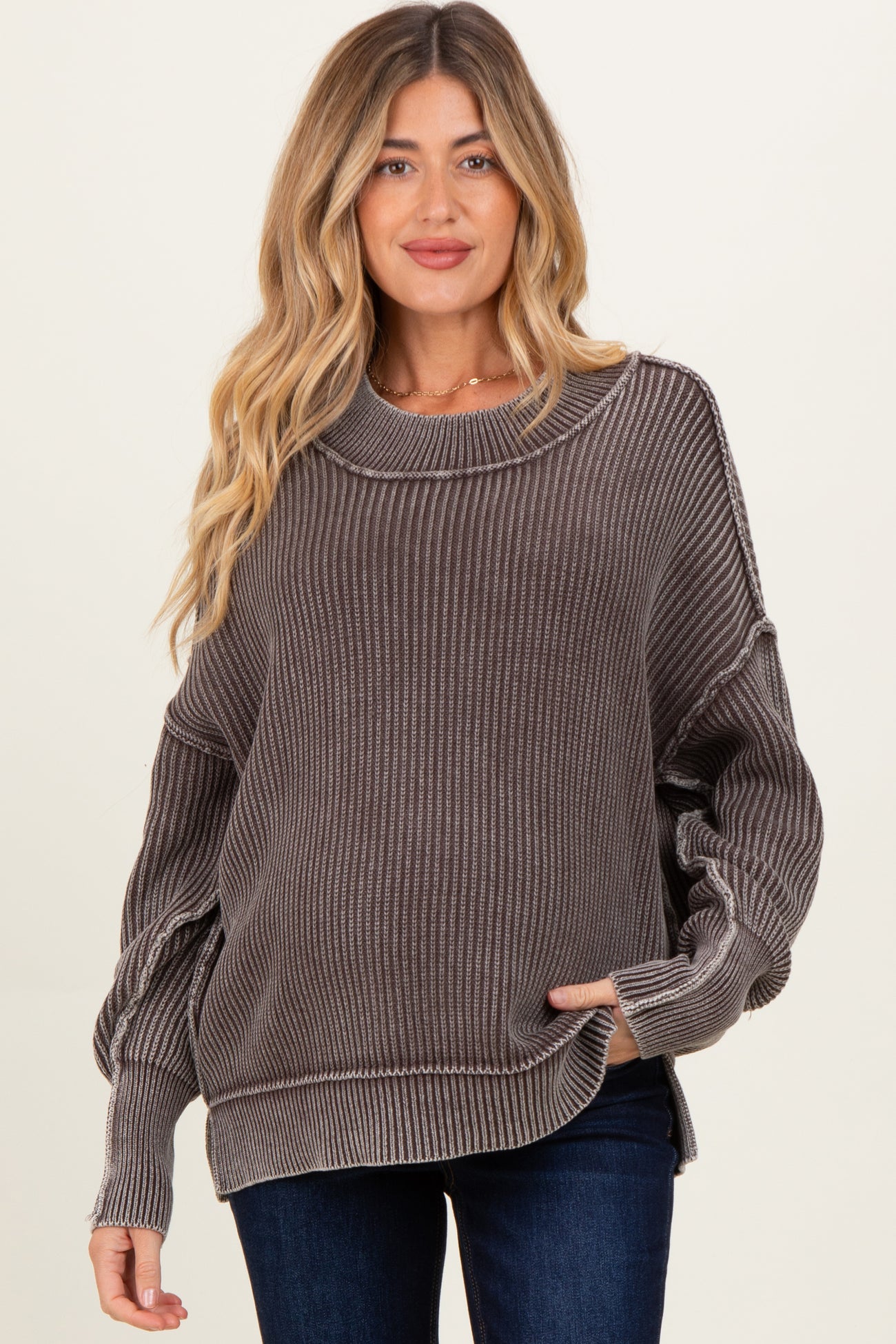 Brown Washed Side Slit Oversized Maternity Sweater