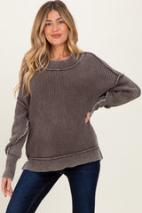 Brown Washed Side Slit Oversized Maternity Sweater