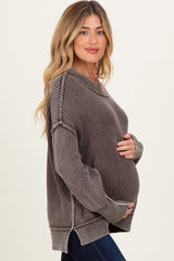 Brown Washed Side Slit Oversized Maternity Sweater