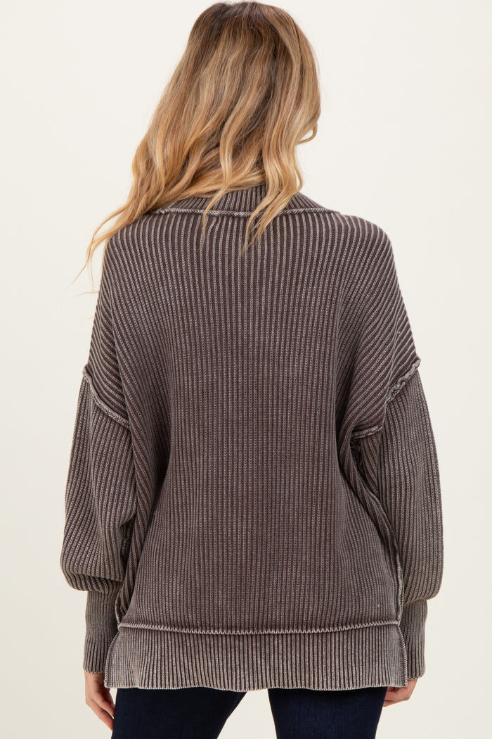 Brown Washed Side Slit Oversized Maternity Sweater