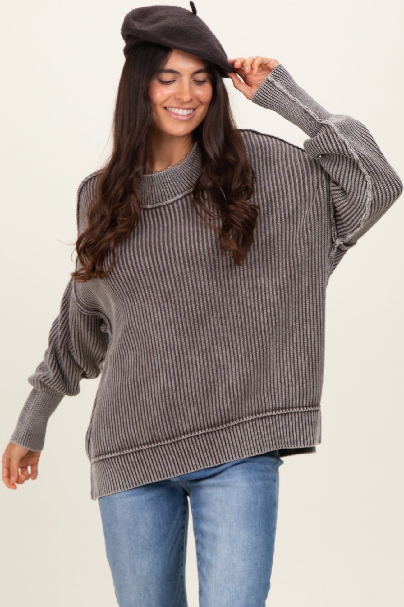 Brown Washed Side Slit Oversized Maternity Sweater