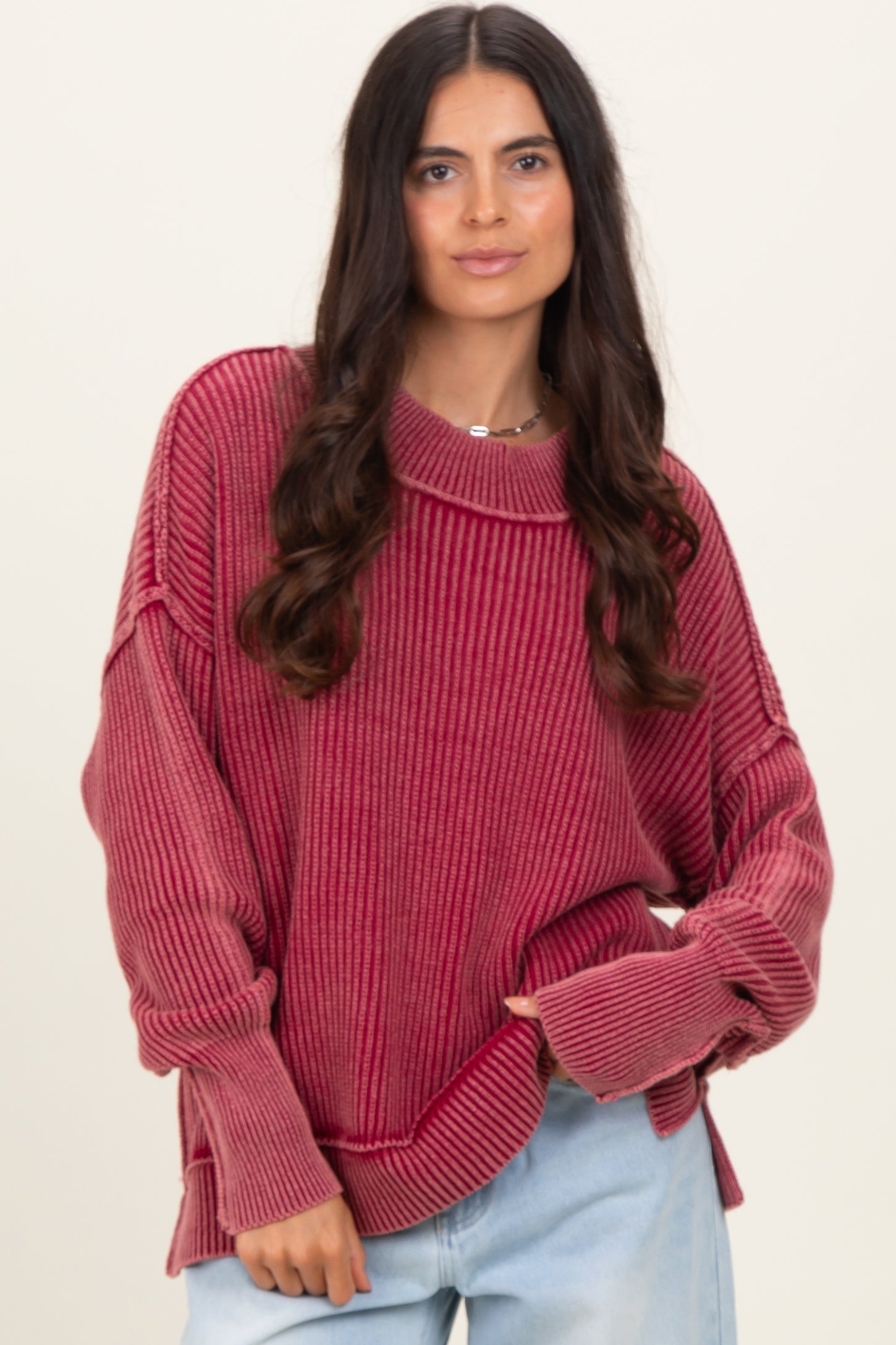 Burgundy Washed Side Slit Oversized Sweater