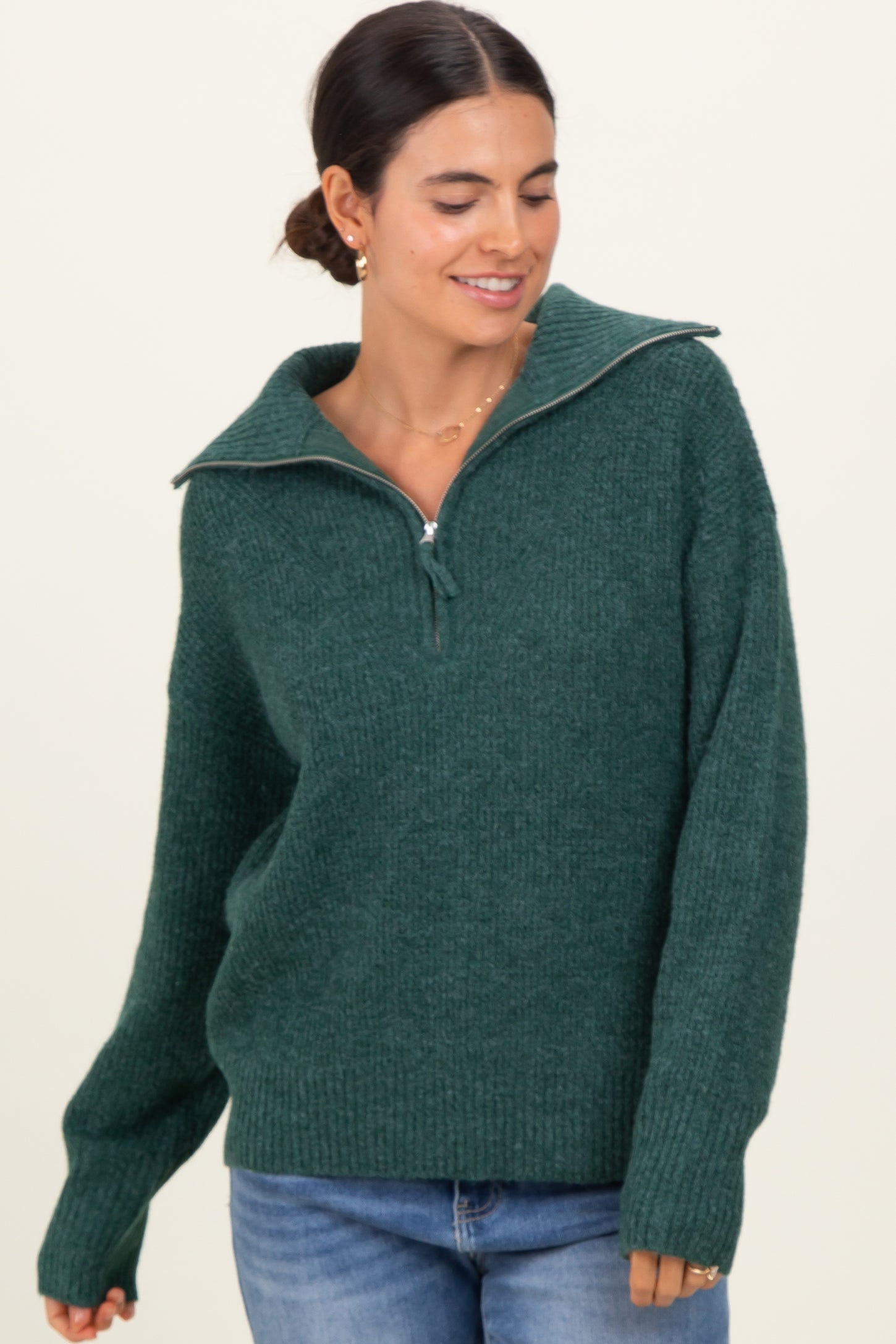 Green Half Zip Maternity Pullover Sweater
