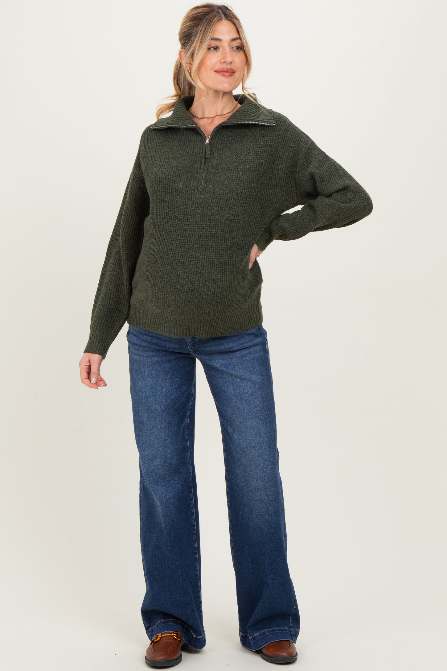 Olive Half Zip Maternity Pullover Sweater