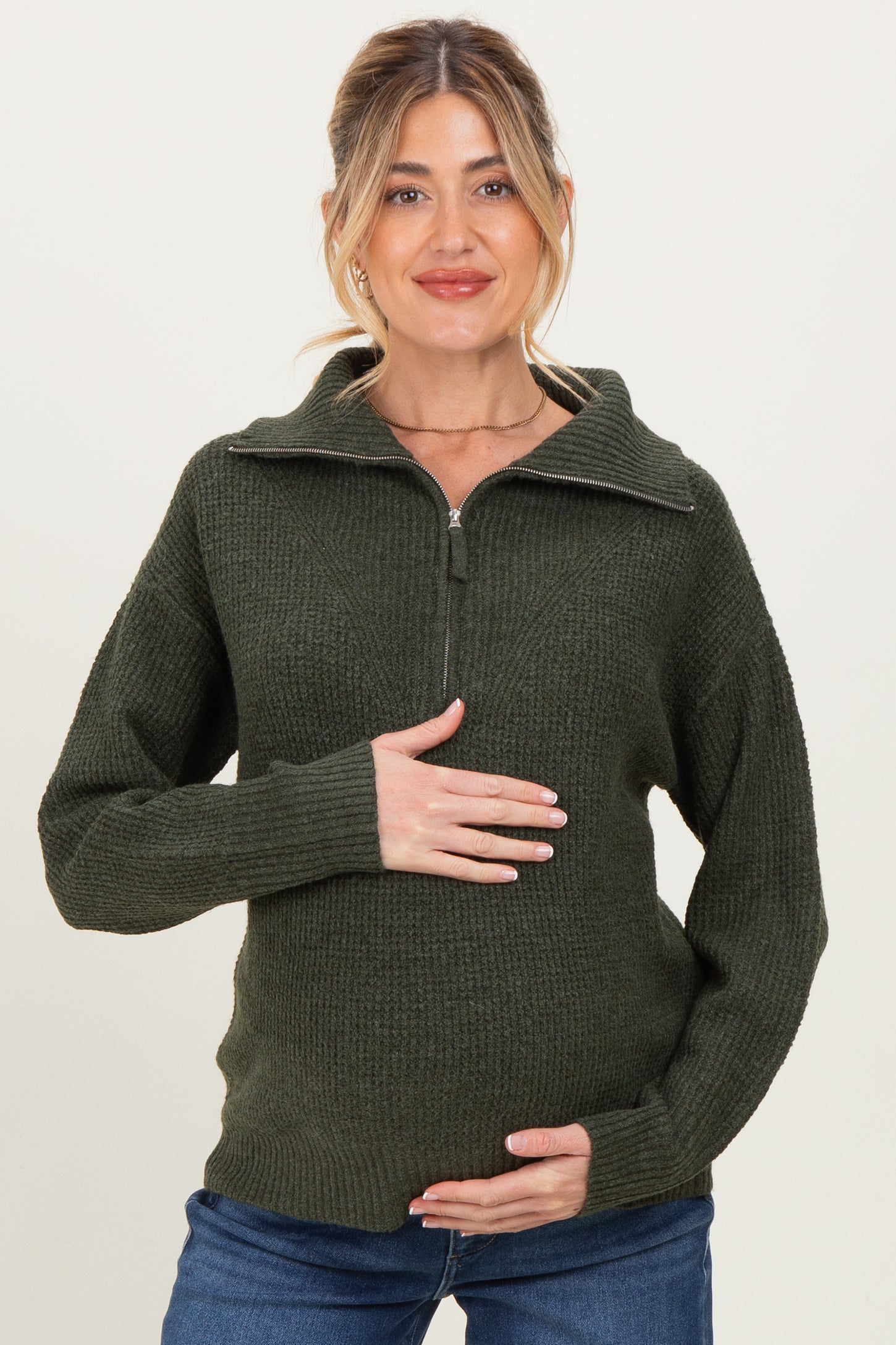 Olive Half Zip Maternity Pullover Sweater