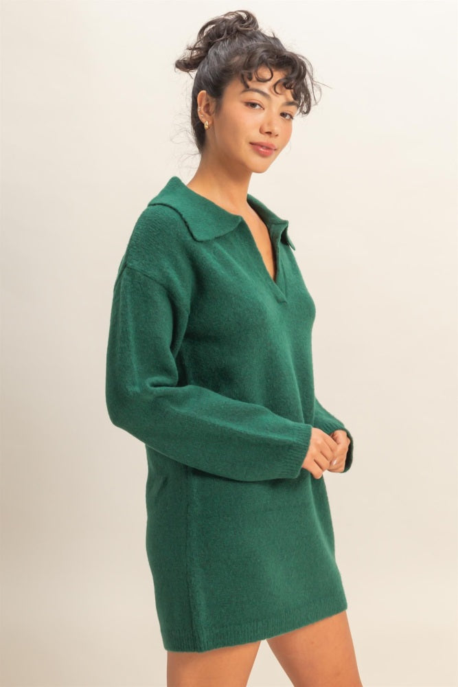 Forest Green Long Sleeve Polo Sweater Dress