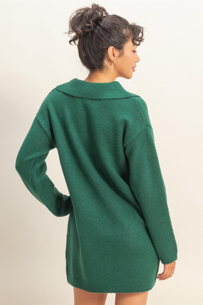 Forest Green Long Sleeve Polo Sweater Dress
