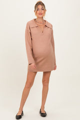Camel Long Sleeve Polo Maternity Sweater Dress