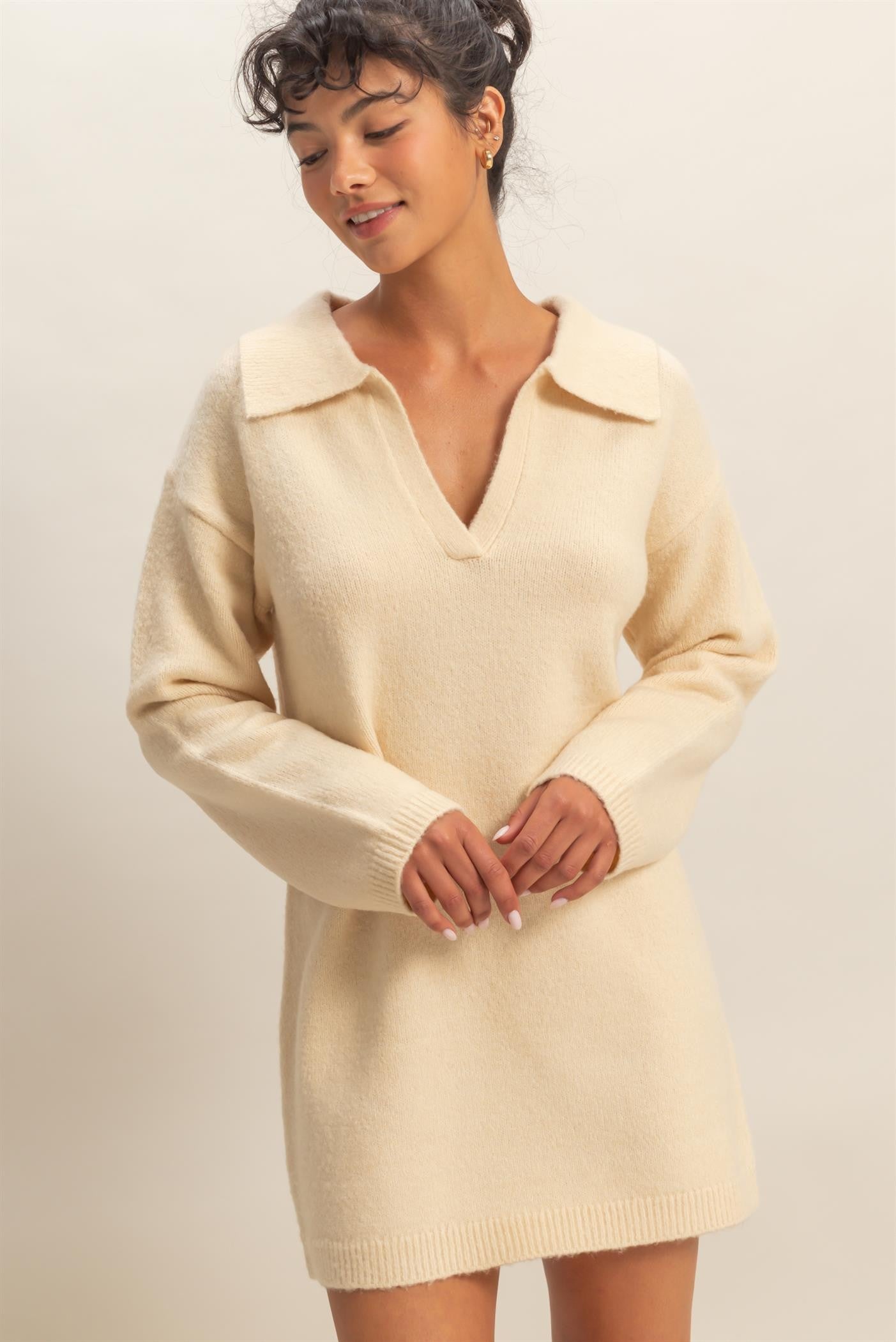 Cream Long Sleeve Polo Maternity Sweater Dress