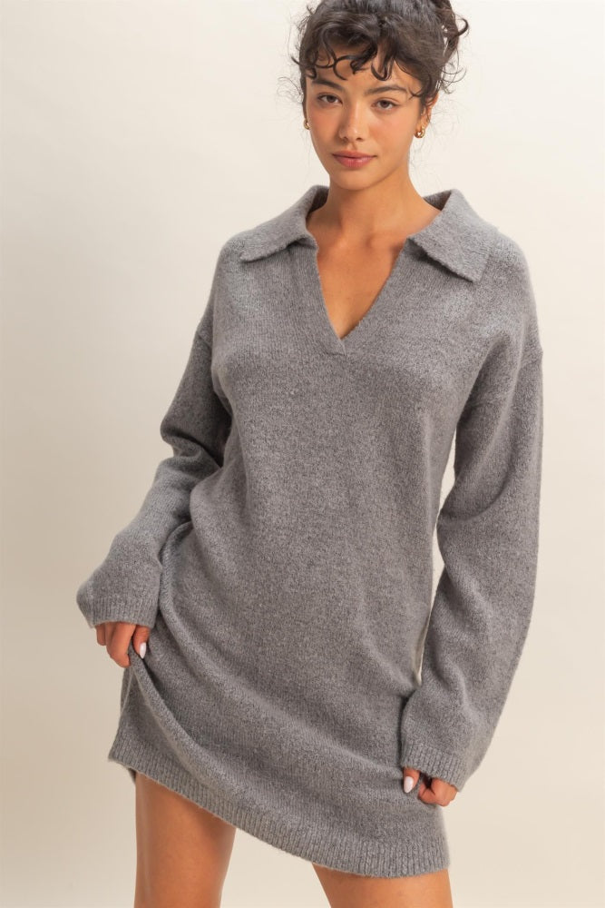 Heather Grey Long Sleeve Polo Sweater Dress