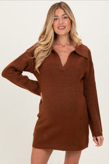 Brown Long Sleeve Polo Maternity Sweater Dress