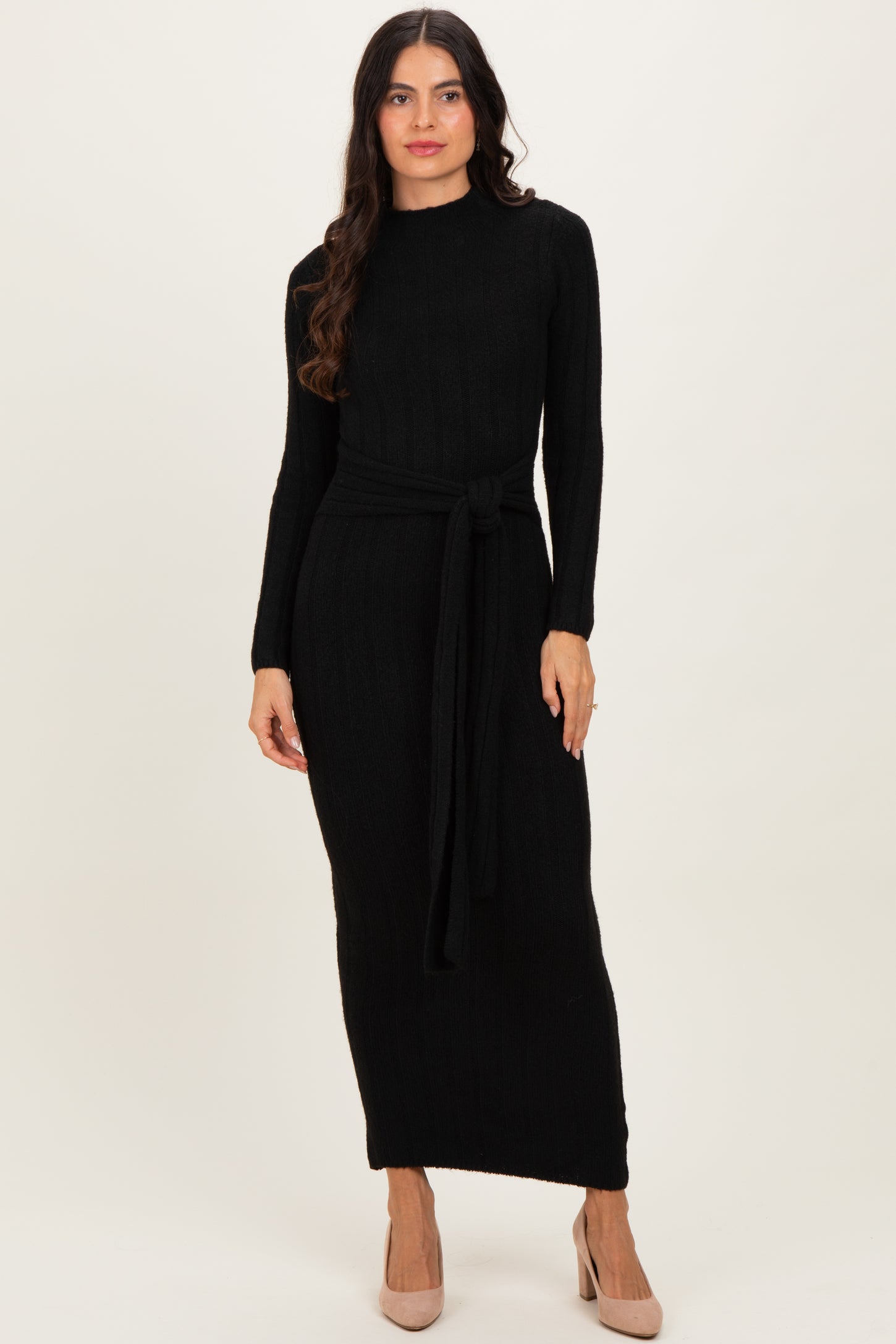 Black Ribbed Front Tie Maxi Sweater Dress