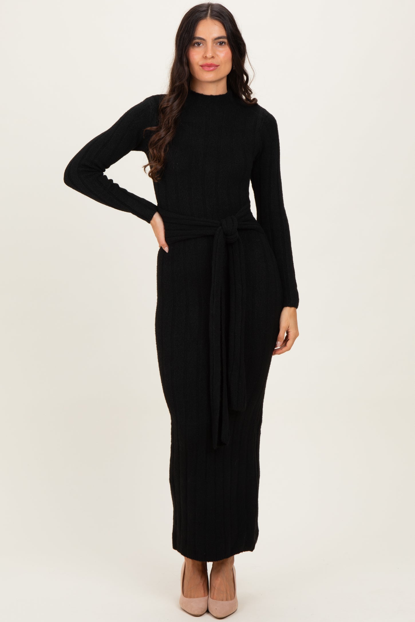 Black Ribbed Front Tie Maxi Sweater Dress