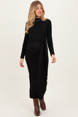 Black Ribbed Front Tie Maternity Maxi Sweater Dress