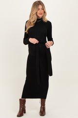 Black Ribbed Front Tie Maternity Maxi Sweater Dress