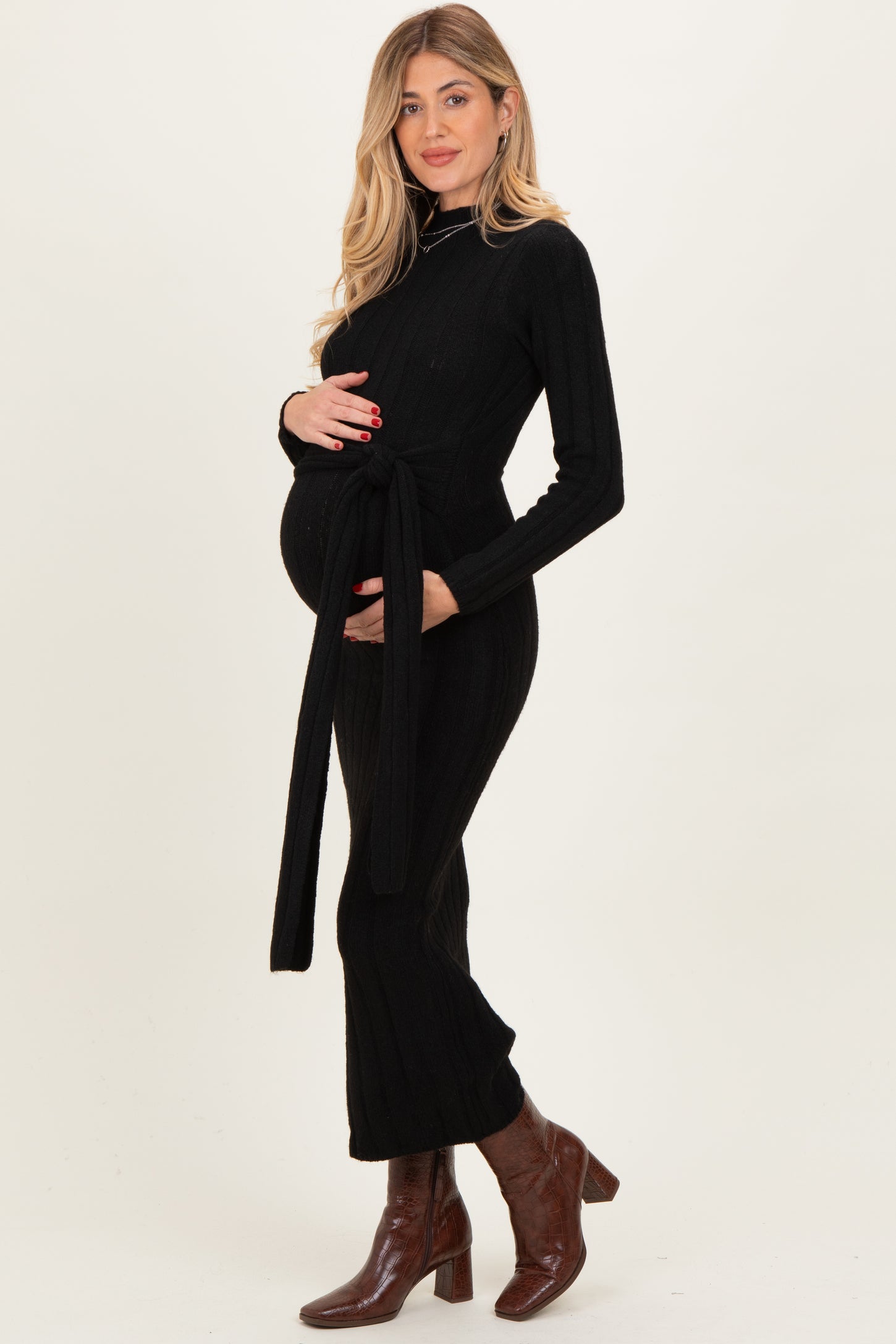 Black Ribbed Front Tie Maternity Maxi Sweater Dress