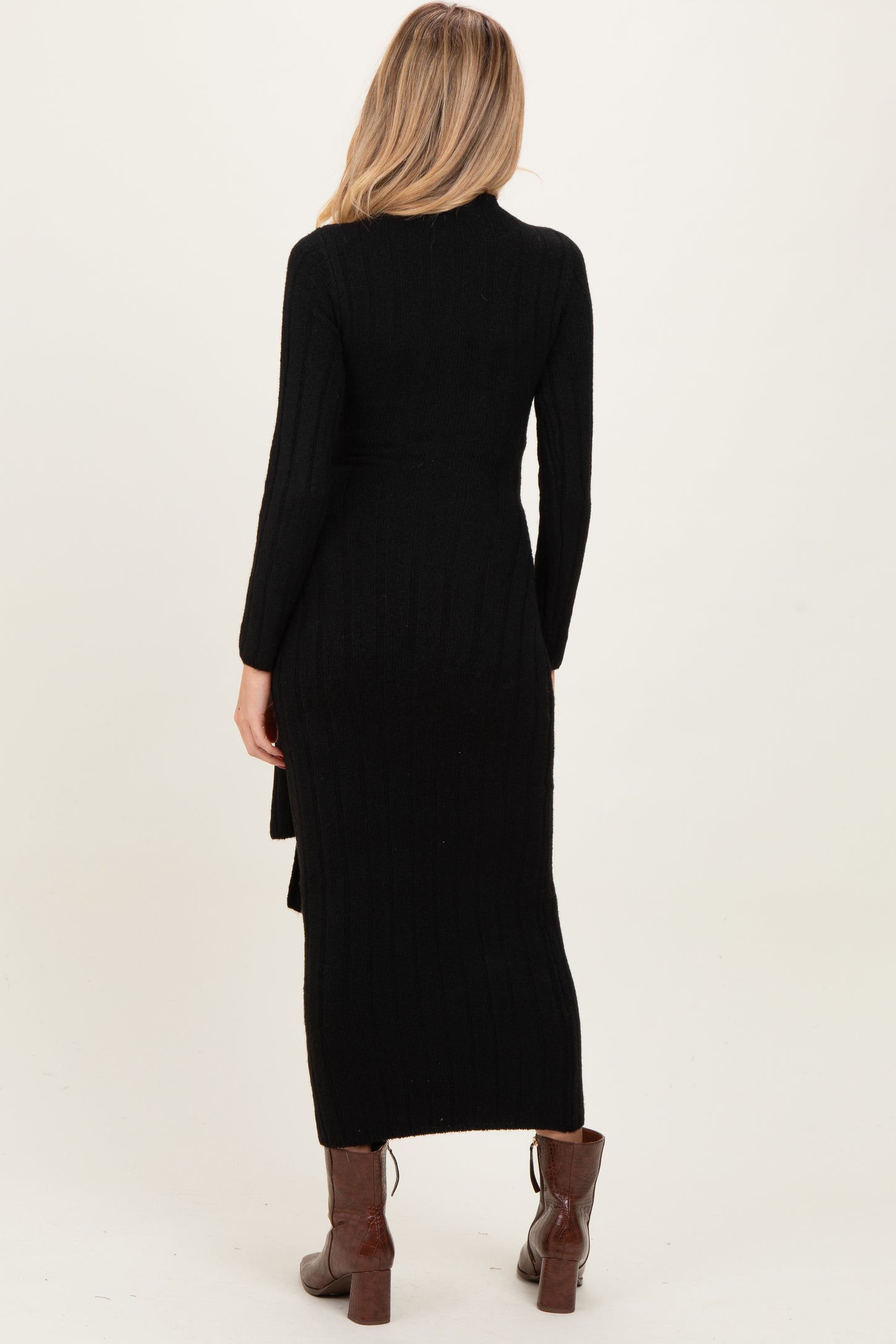 Black Ribbed Front Tie Maternity Maxi Sweater Dress