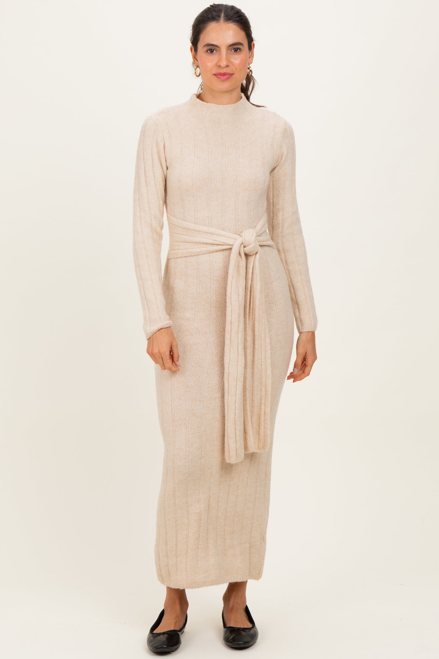 Cream Ribbed Front Tie Maxi Sweater Dress