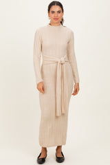 Cream Ribbed Front Tie Maternity Maxi Sweater Dress