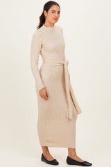 Cream Ribbed Front Tie Maxi Sweater Dress