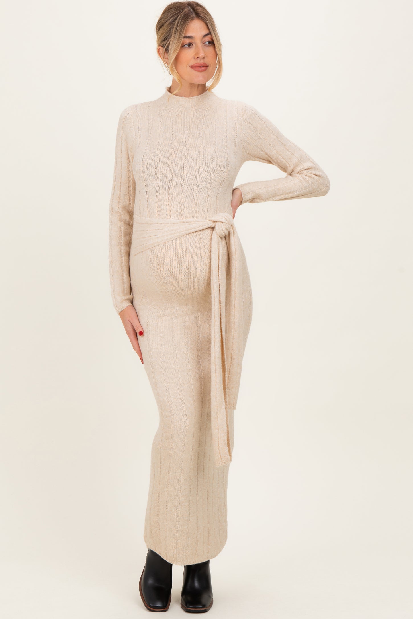 Cream Ribbed Front Tie Maternity Maxi Sweater Dress