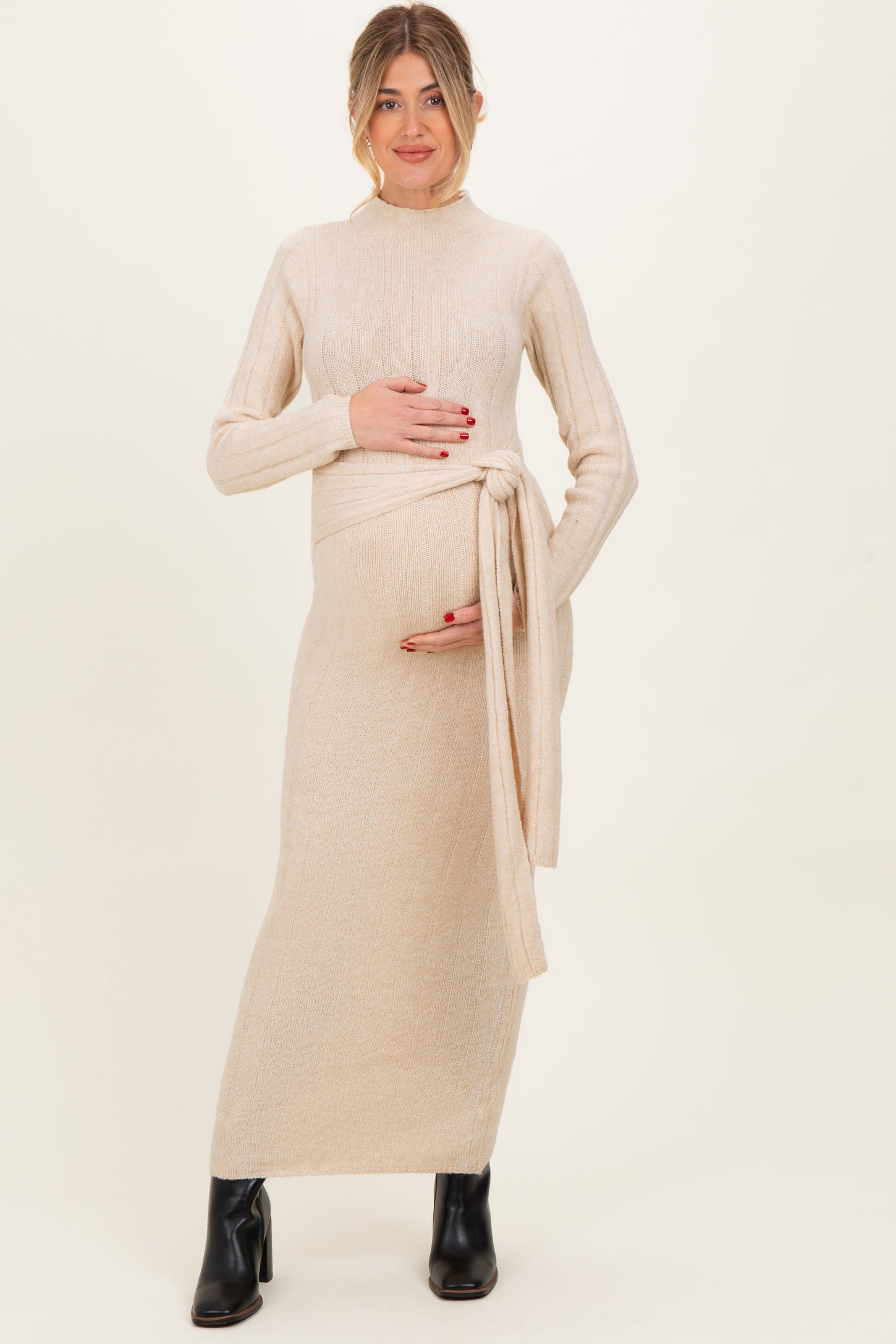 Cream Ribbed Front Tie Maternity Maxi Sweater Dress