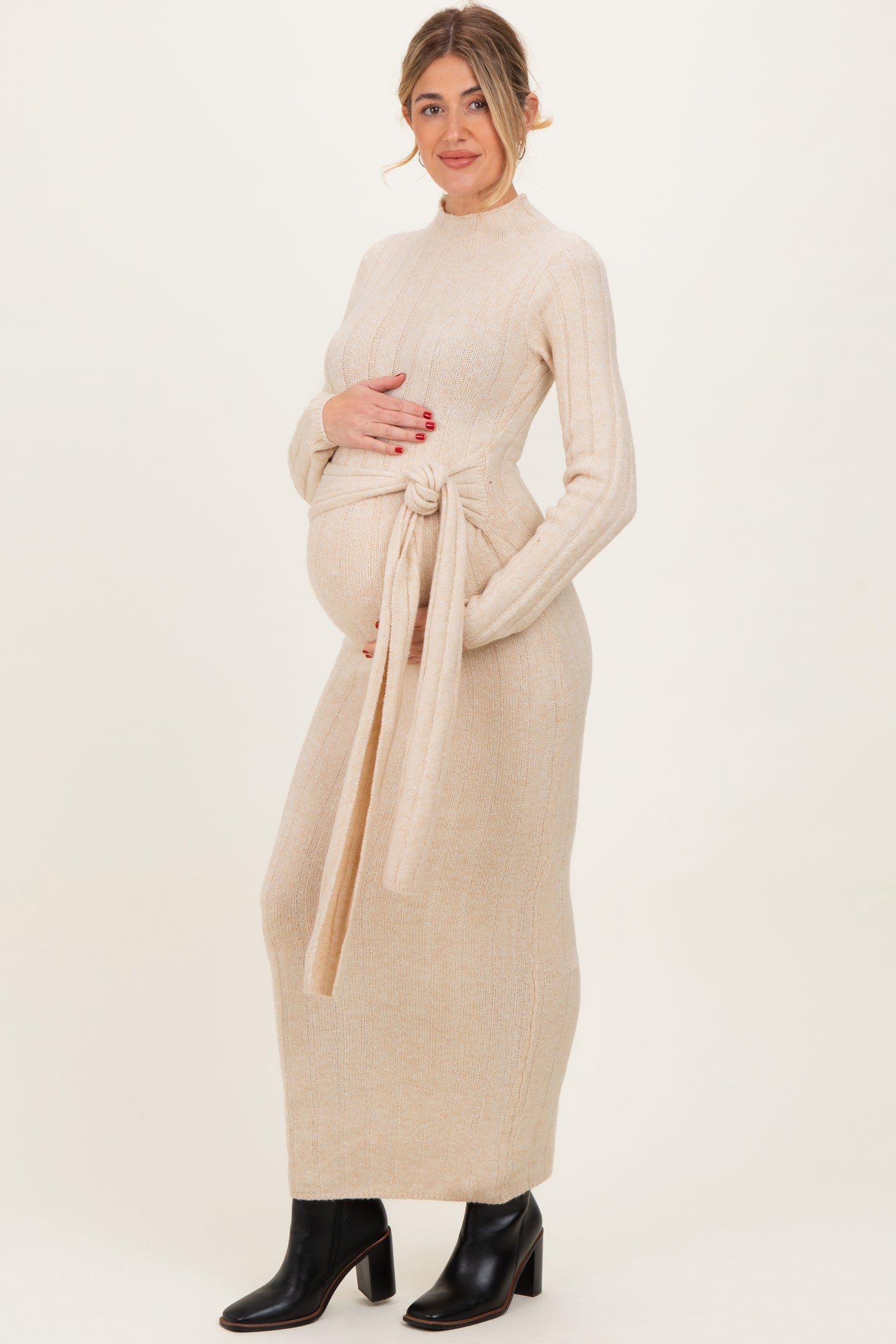 Cream Ribbed Front Tie Maternity Maxi Sweater Dress