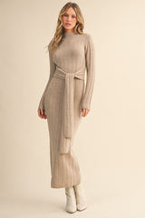 Beige Ribbed Front Tie Maxi Sweater Dress