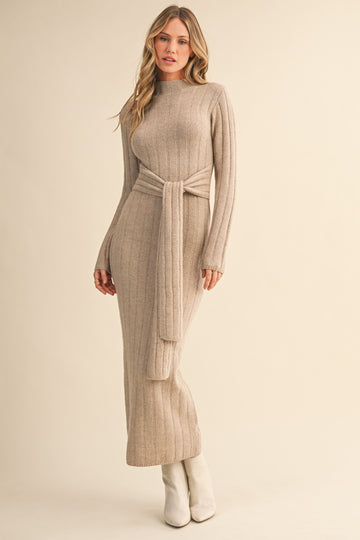Beige Ribbed Front Tie Maxi Sweater Dress