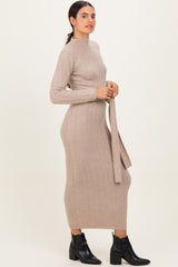 Beige Ribbed Front Tie Maxi Sweater Dress