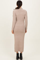 Beige Ribbed Front Tie Maxi Sweater Dress