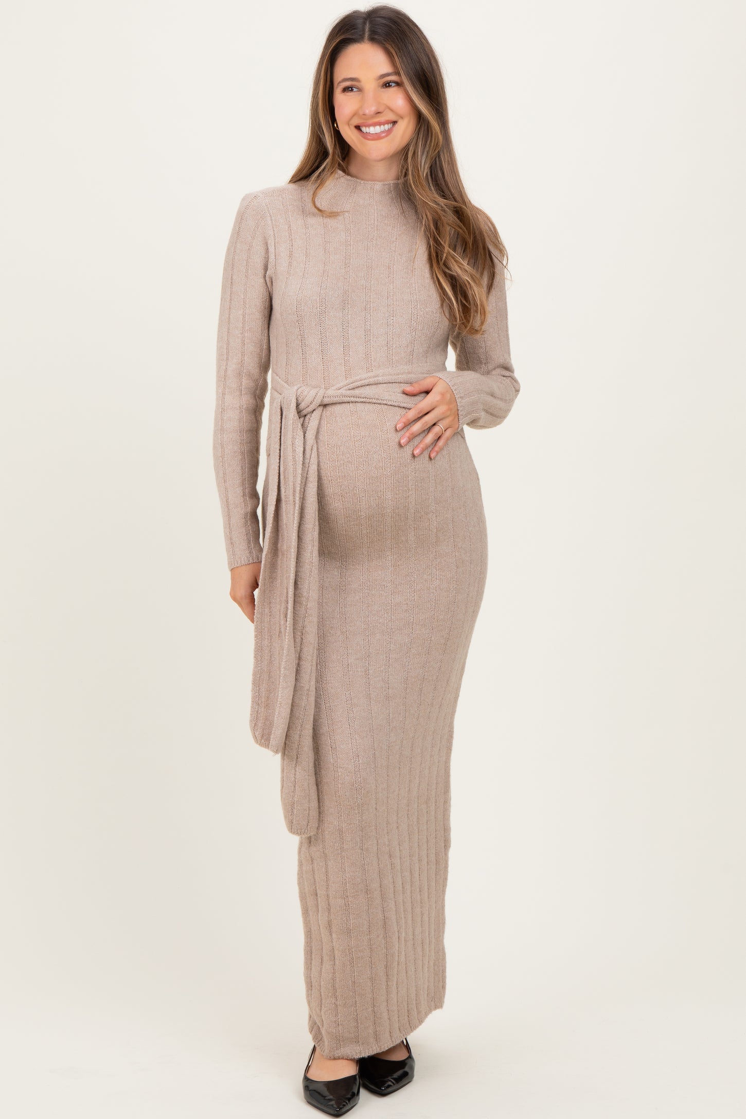 Beige Ribbed Front Tie Maternity Maxi Sweater Dress
