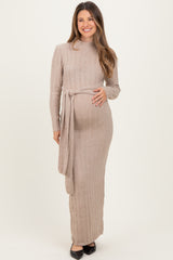 Beige Ribbed Front Tie Maternity Maxi Sweater Dress