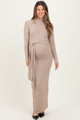 Beige Ribbed Front Tie Maternity Maxi Sweater Dress