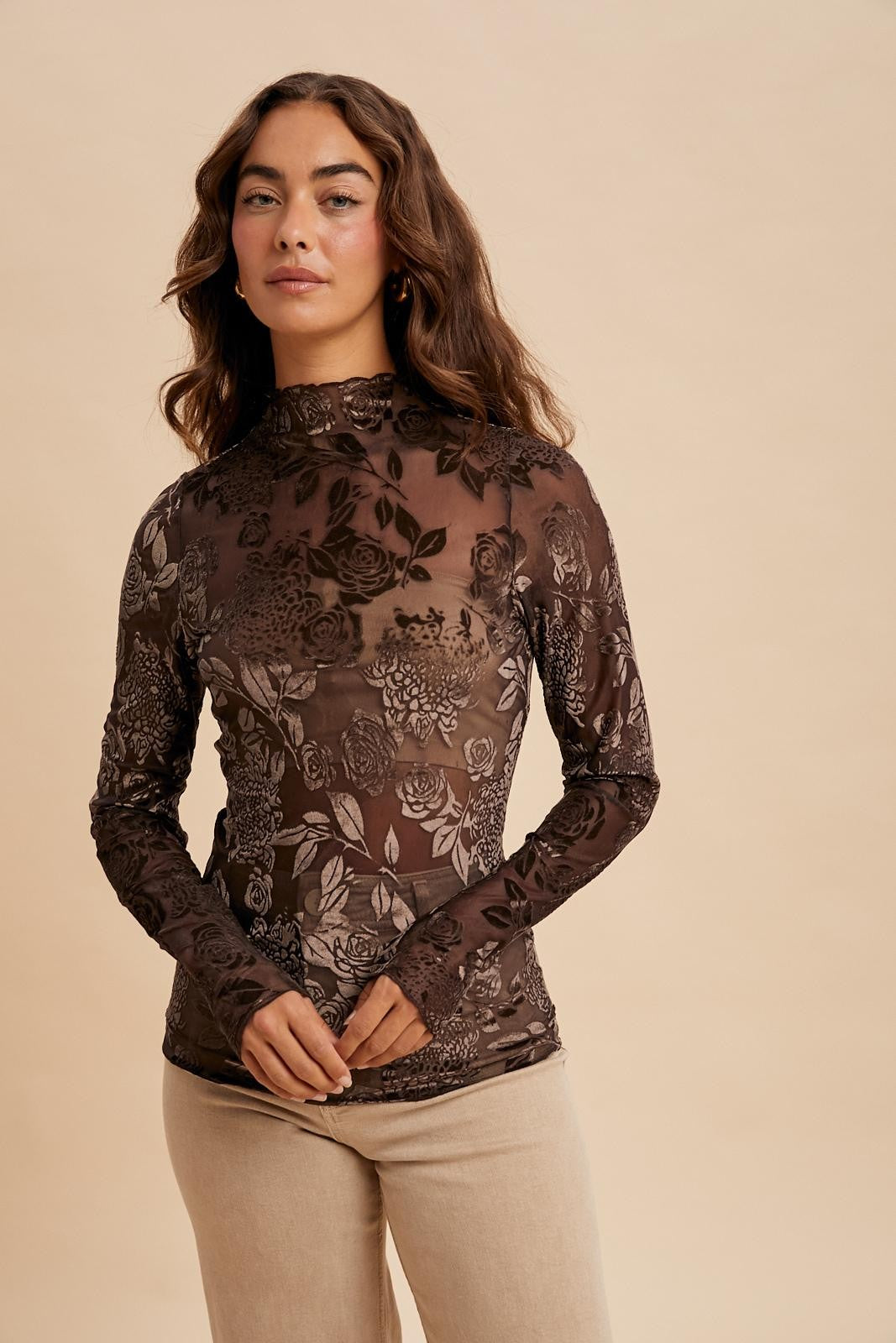 Brown Floral Velvet Mesh Long Sleeve Top