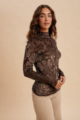 Brown Floral Velvet Mesh Long Sleeve Top