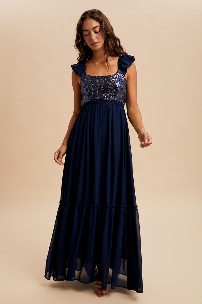 Navy Chiffon Sequin Bodice Maxi Dress