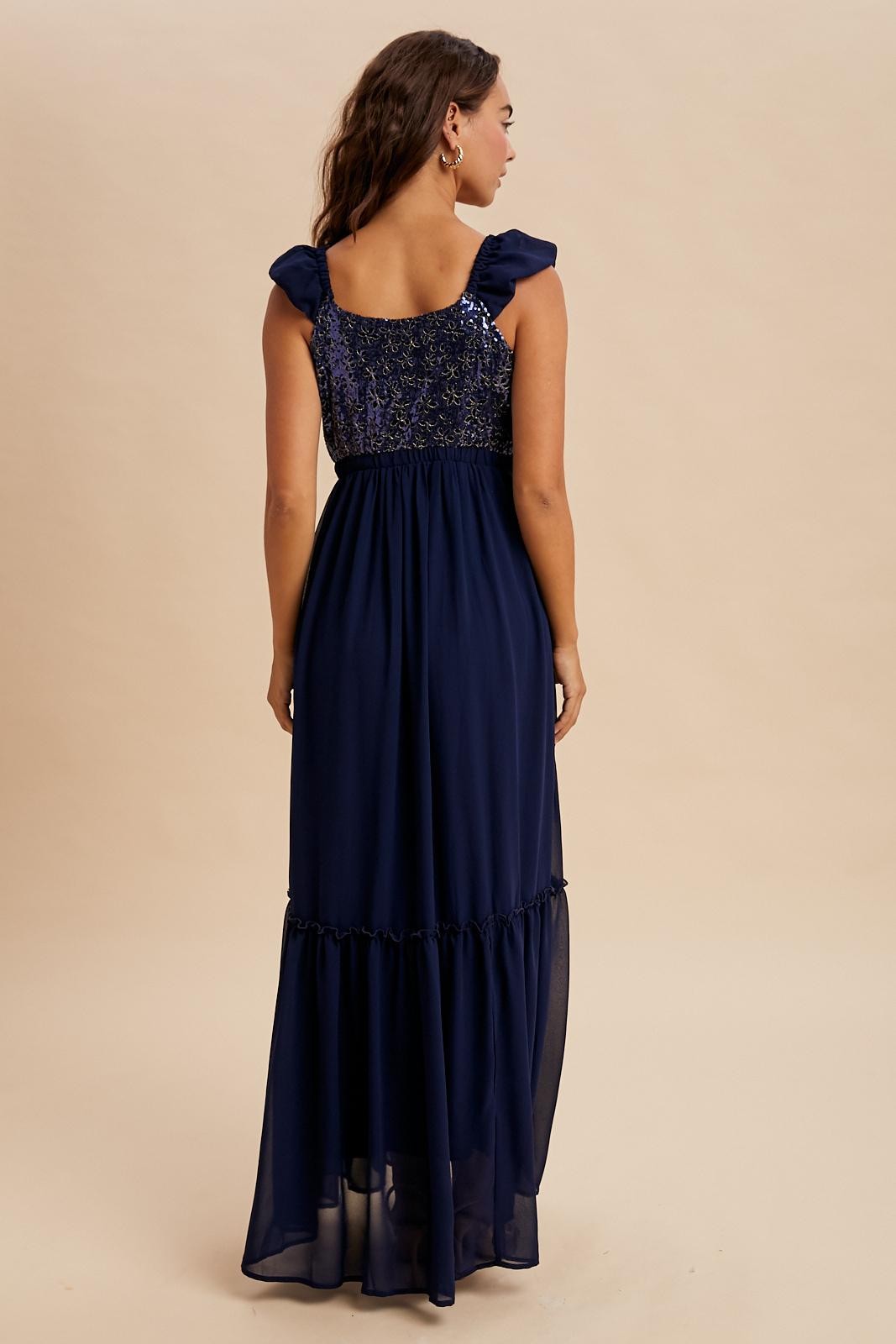 Navy Chiffon Sequin Bodice Maxi Dress
