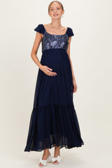 Navy Chiffon Sequin Bodice Maternity Maxi Dress